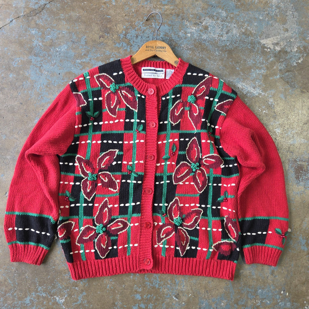 Vintage 80s 90s Christmas Cardigan Sweater Size M Red Ugly Plaid Hand Knit
